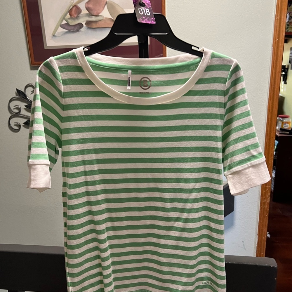 Bogner Green and White Striped Tee NWOT #016